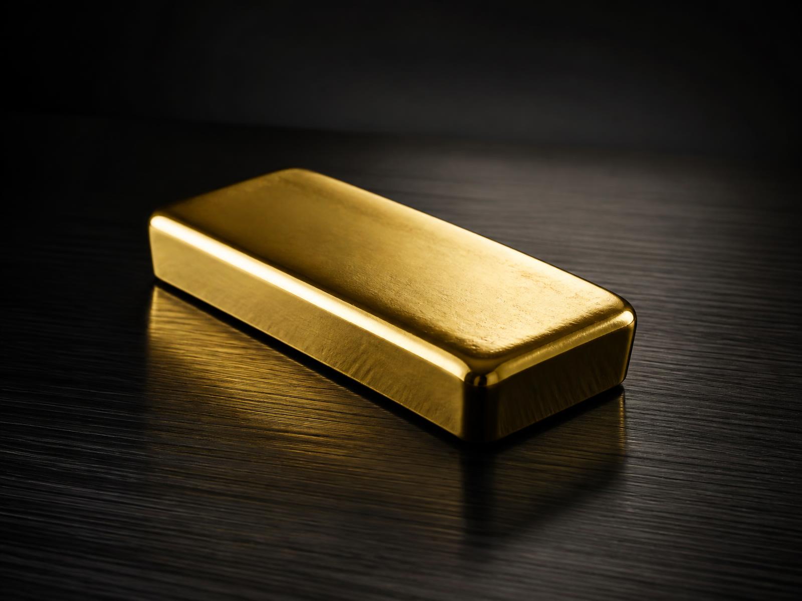 Polished gold bullion bar on dark brushed metal